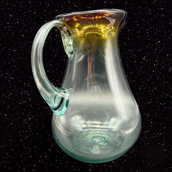 Handblown Art Glass Pitcher Clear w Brown Ombre Applied Handle 9”T 5”W - Picture 11 of 12